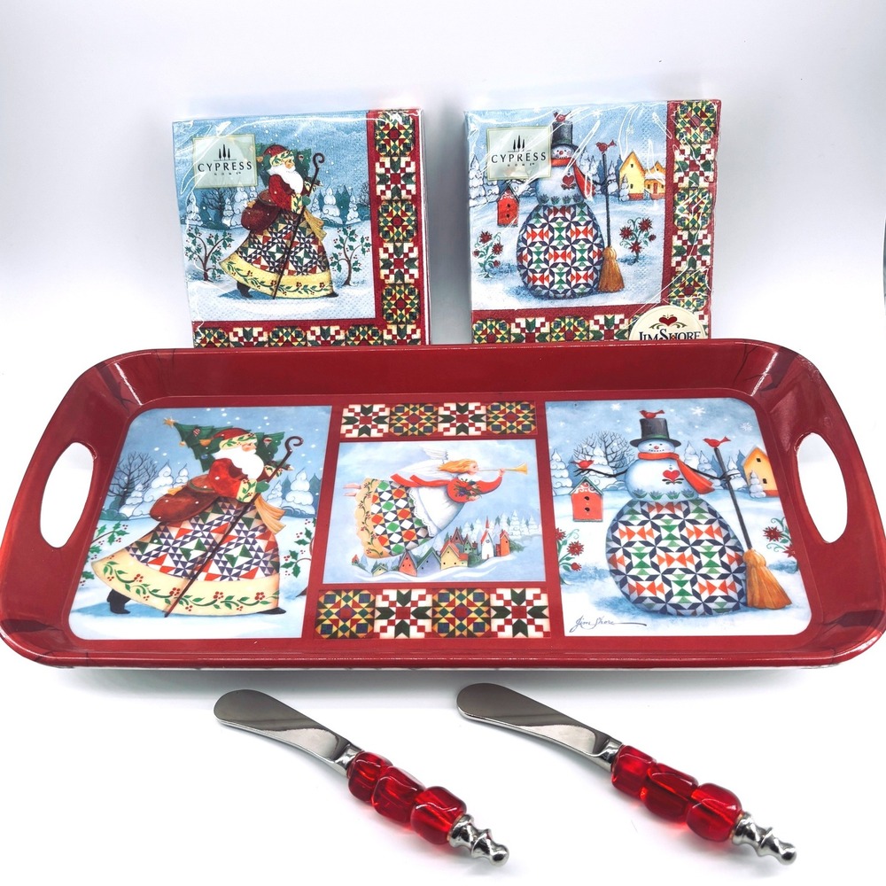 Jim Shore Christmas Serving Set Tray Napkins Spreaders Retired 2006 Quilted Hom
